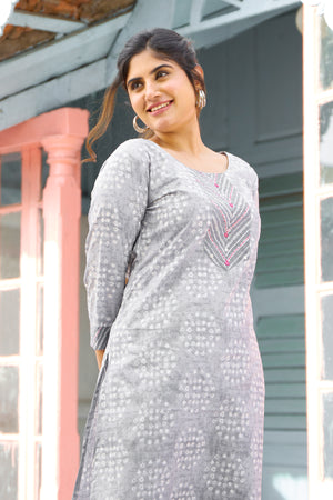 Bandhani Printed Cotton Kurta Pant - Grey
