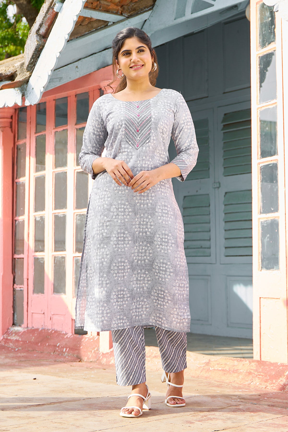 Bandhani Printed Cotton Kurta Pant - Grey