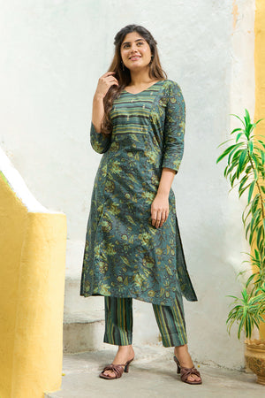 Floral Printed & Foil Mirror Embellished Cotton Kurta Pant - Green
