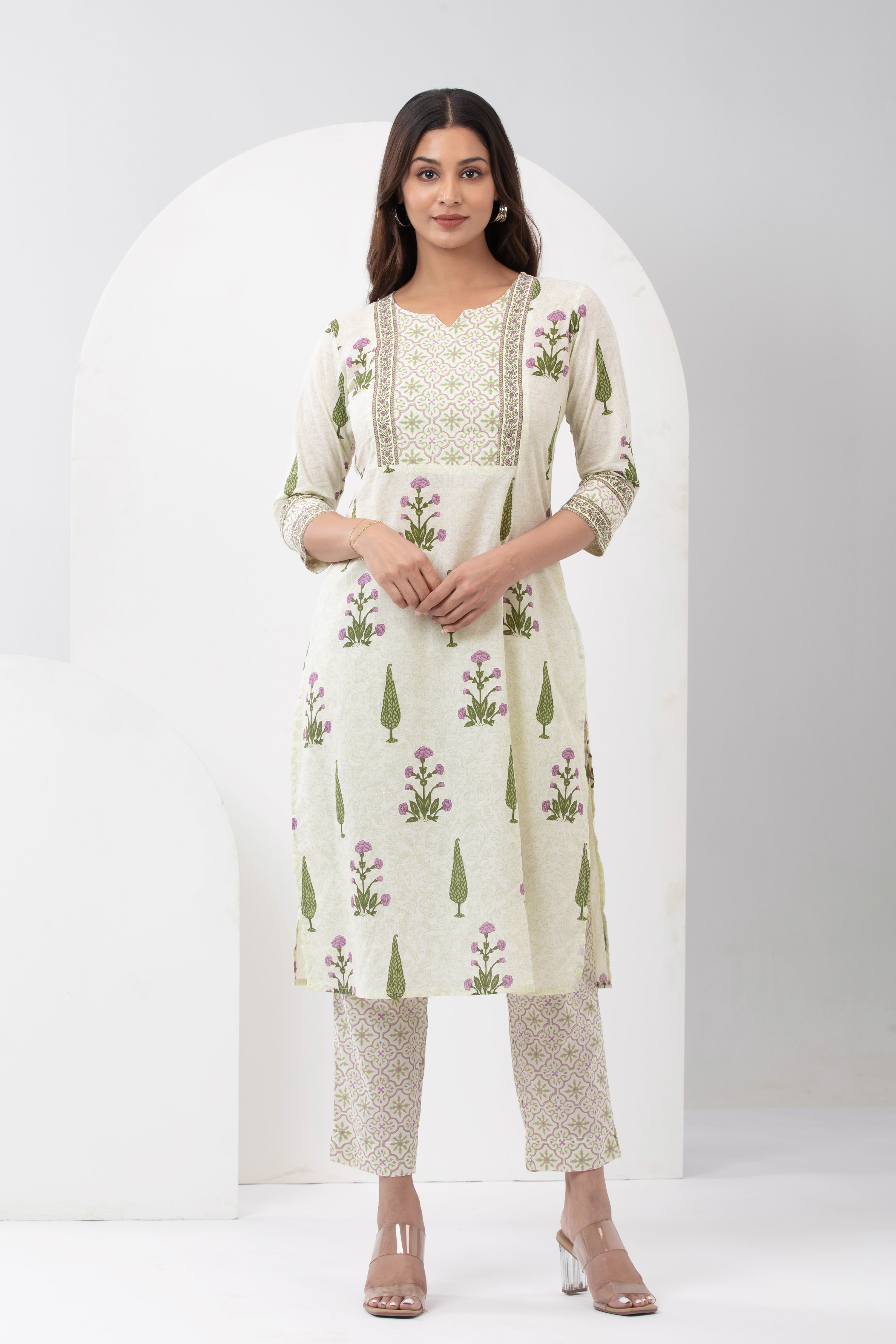 Pastel Floral Printed Kurta Pant - Beige