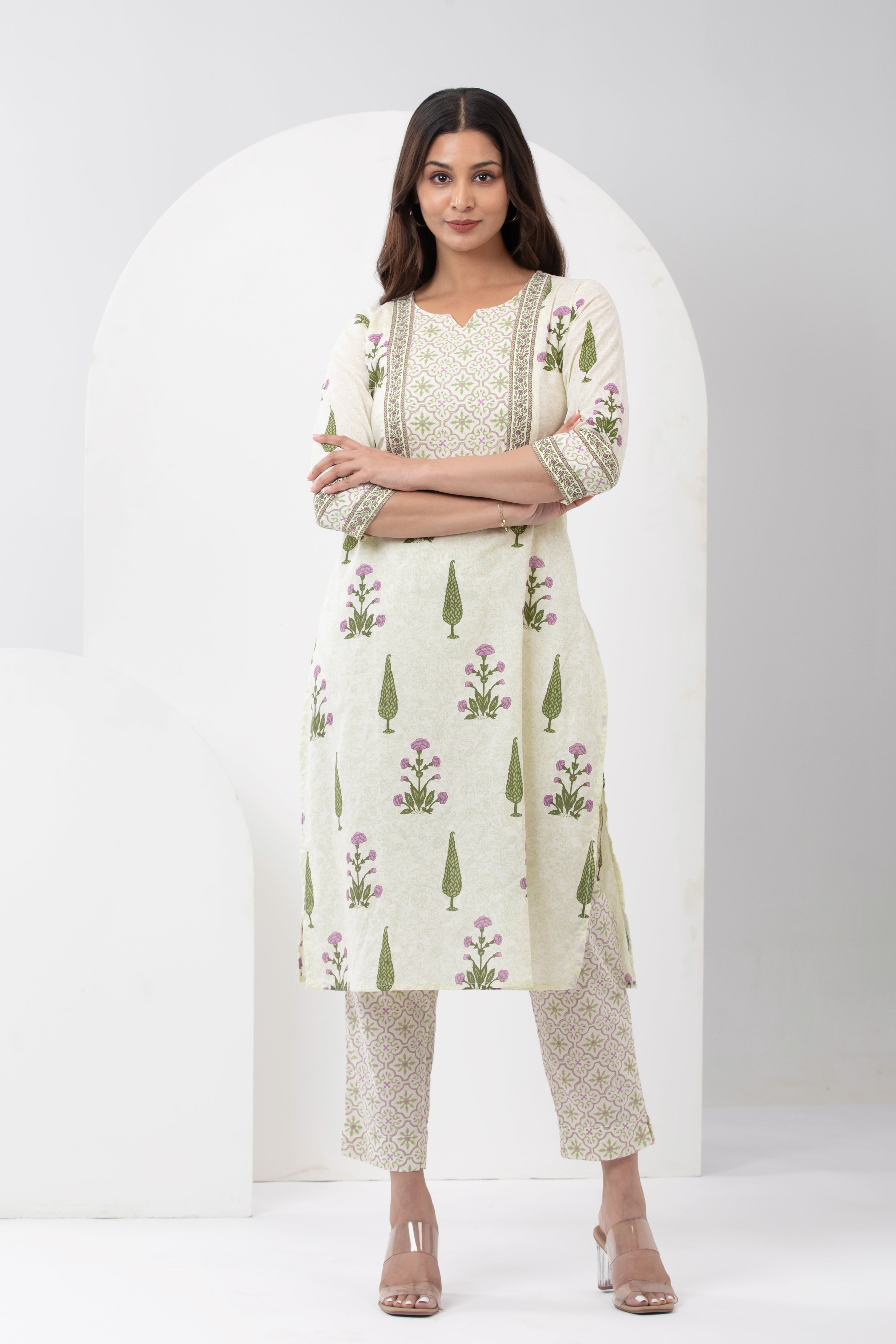 Pastel Floral Printed Kurta Pant - Beige