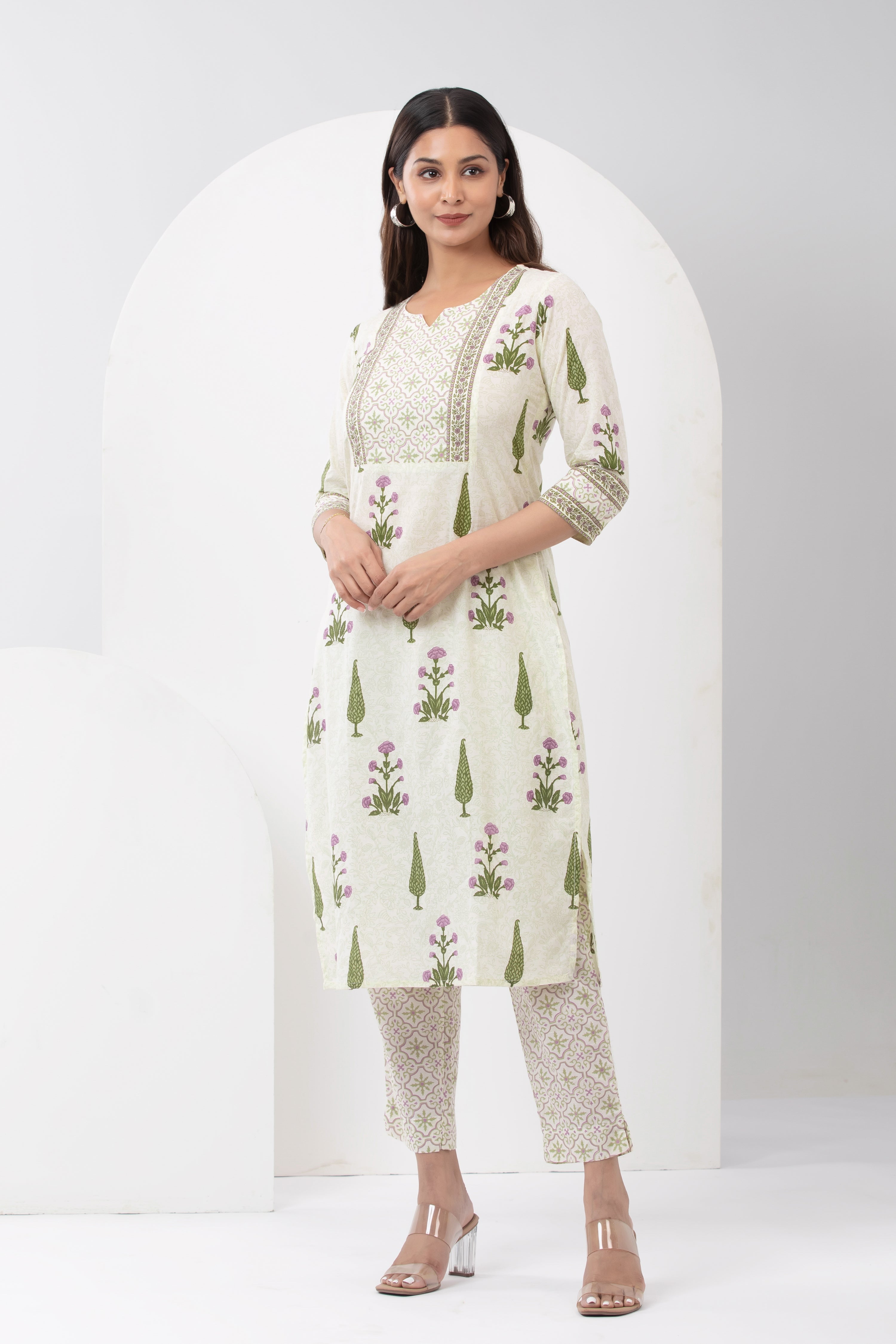 Pastel Floral Printed Kurta Pant - Beige