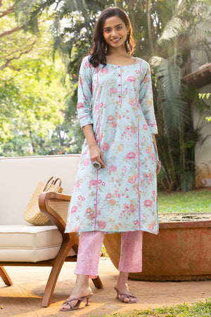 Floral Printed Cotton Kurta Pant - Blue & Pink
