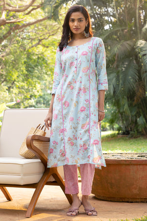 Floral Printed Cotton Kurta Pant - Blue & Pink
