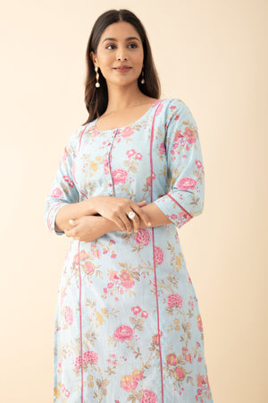 Floral Printed Cotton Kurta Pant - Blue & Pink
