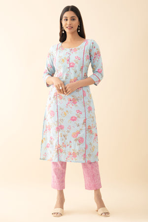 Floral Printed Cotton Kurta Pant - Blue & Pink
