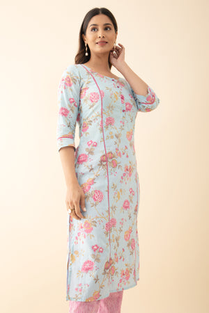 Floral Printed Cotton Kurta Pant - Blue & Pink
