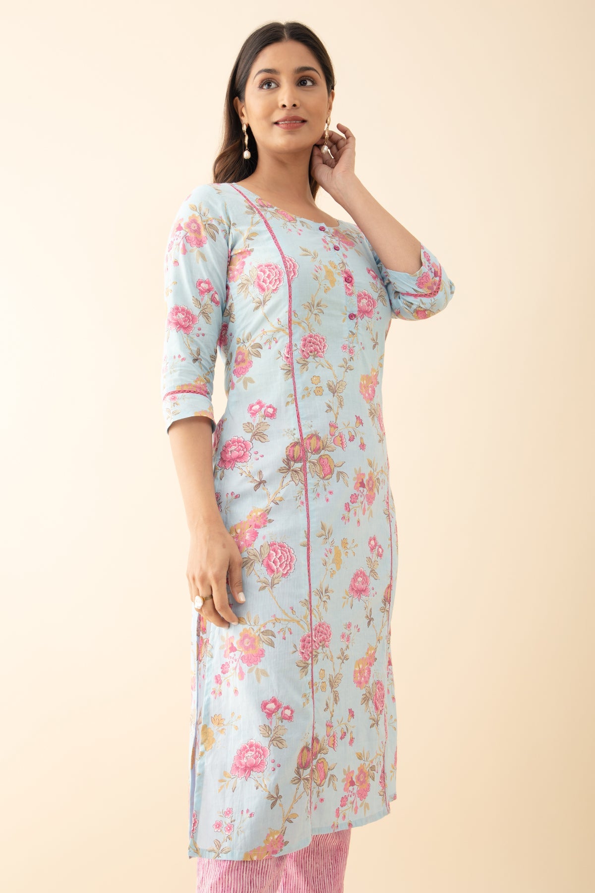 Floral Printed Cotton Kurta Pant - Blue & Pink
