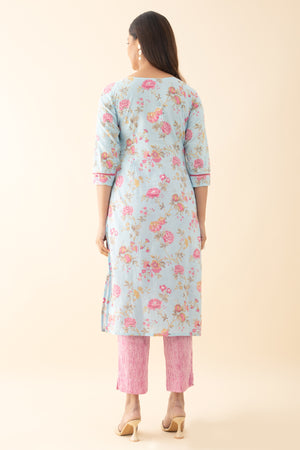 Floral Printed Cotton Kurta Pant - Blue & Pink
