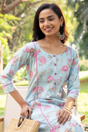 Floral Printed Cotton Kurta Pant - Blue & Pink