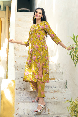 Gardenia Floral Printed Cotton Kurta Pant - Mustard
