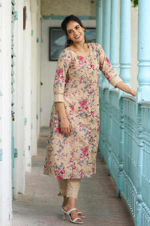 Buttercup Floral Printed Cotton Kurta Pant - Beige
