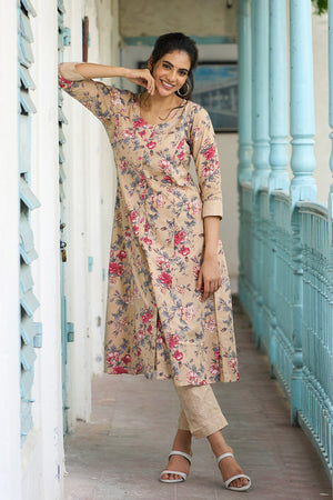 Buttercup Floral Printed Cotton Kurta Pant - Beige
