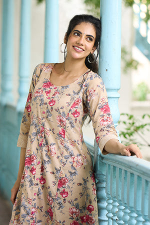 Buttercup Floral Printed Cotton Kurta Pant - Beige