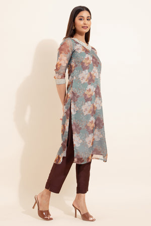 Abstract Floral Printed Kurta Pant - Green & Brown
