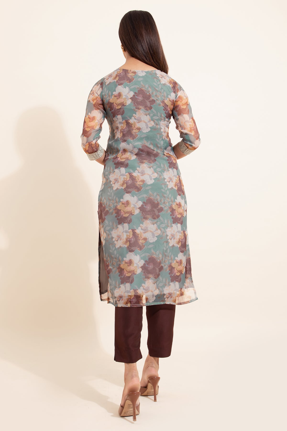 Abstract Floral Printed Kurta Pant - Green & Brown
