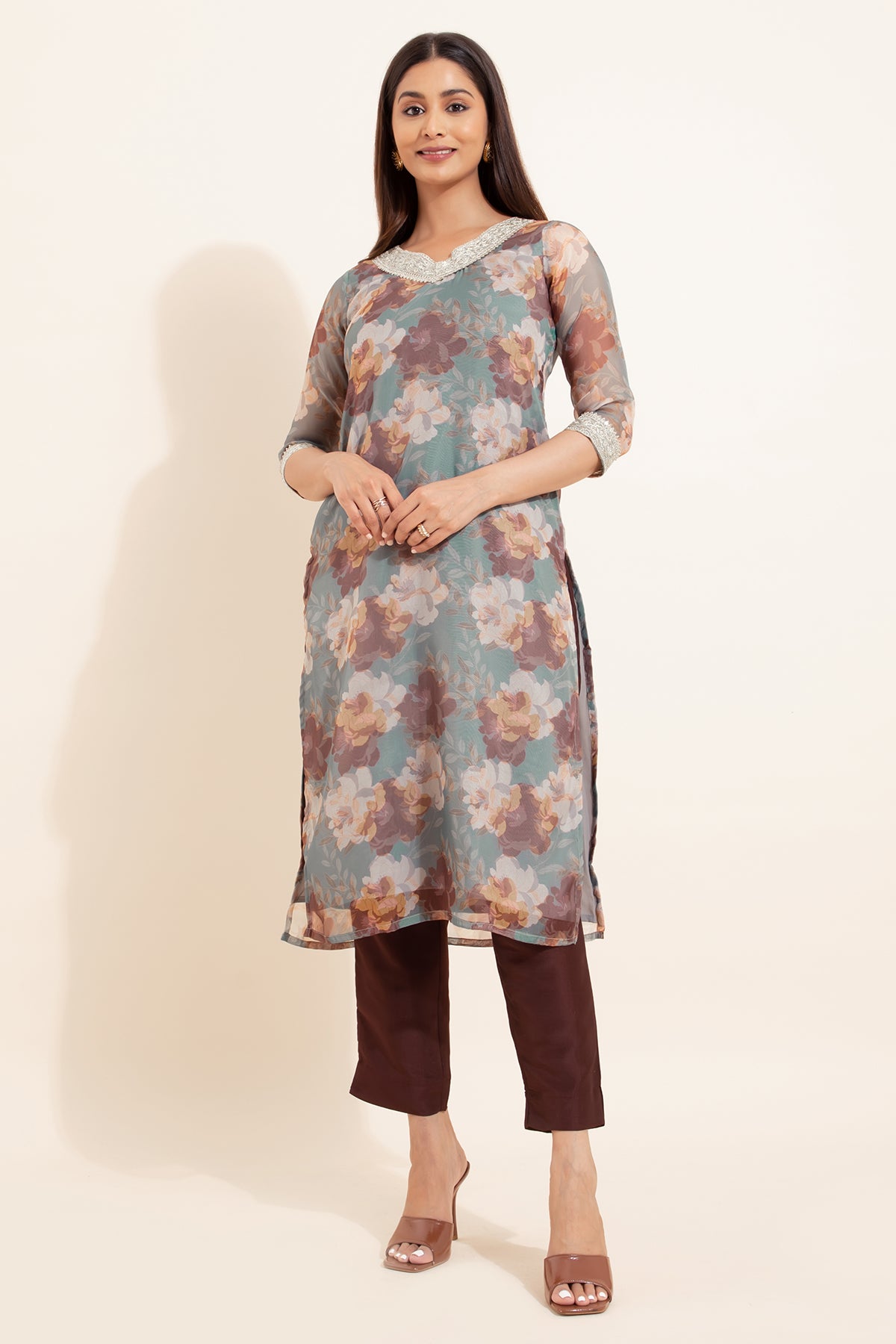 Abstract Floral Printed Kurta Pant - Green & Brown
