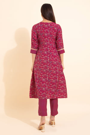 Floral Foil Printed Kurta Pant - Pink
