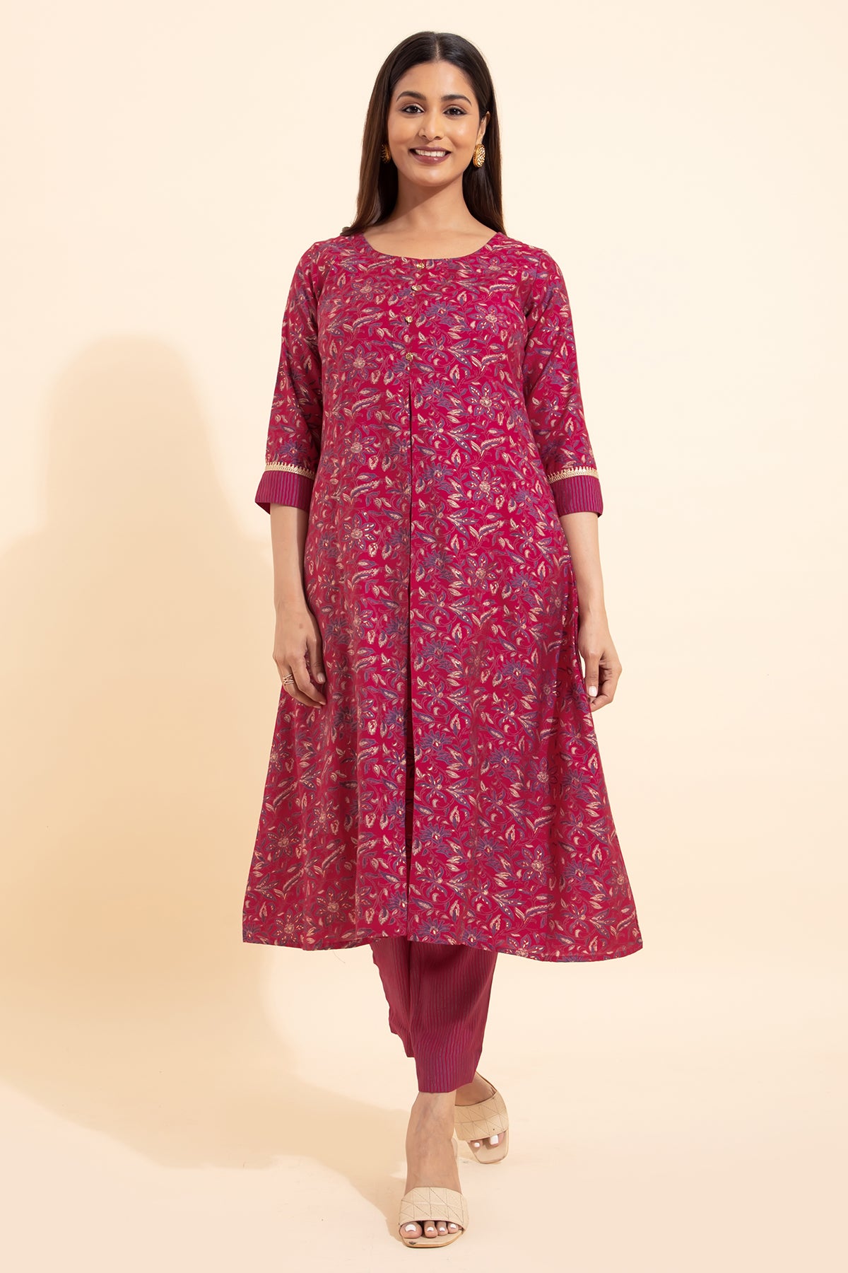 Floral Foil Printed Kurta Pant - Pink