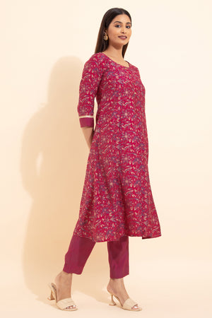 Floral Foil Printed Kurta Pant - Pink
