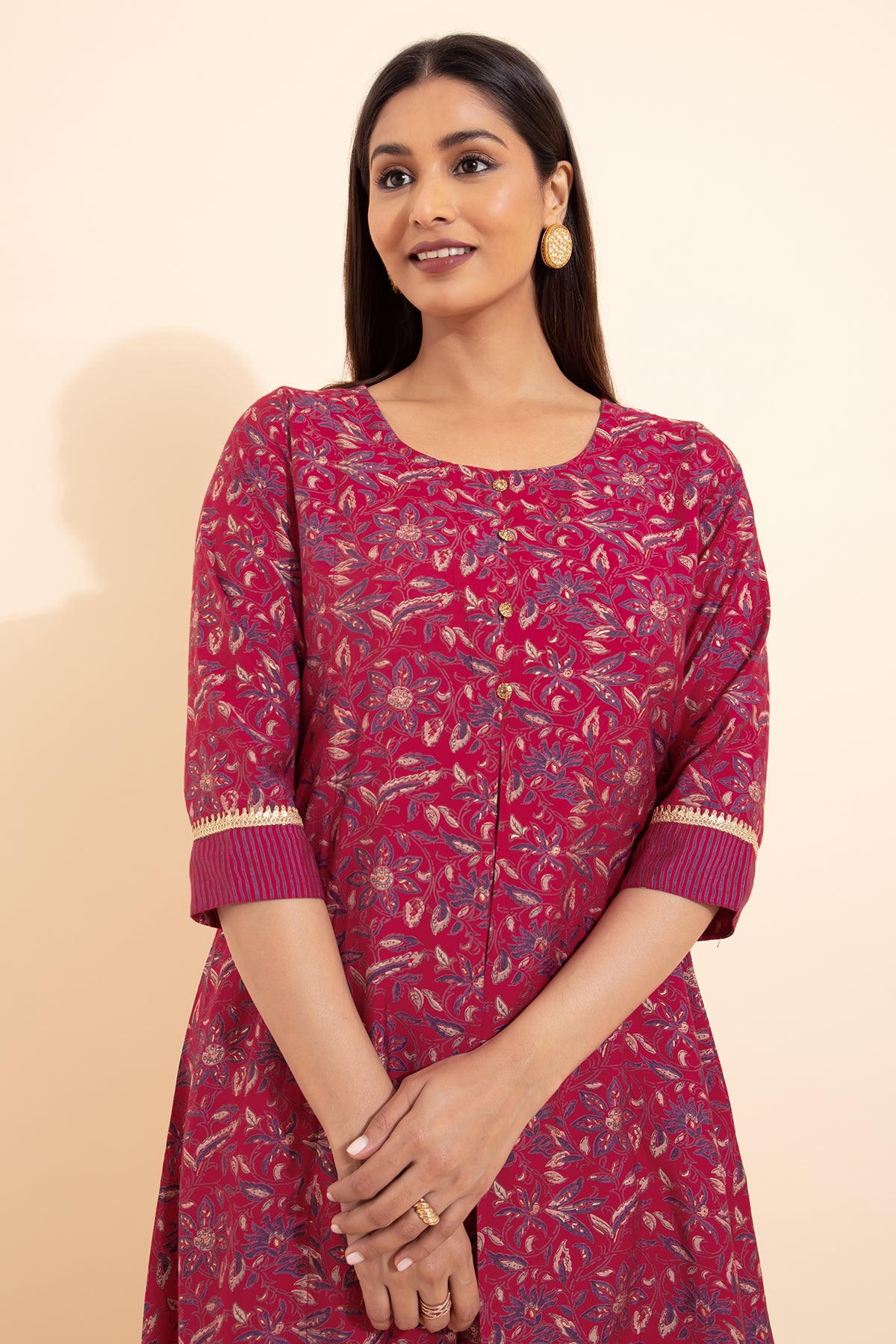 Floral Foil Printed Kurta Pant - Pink
