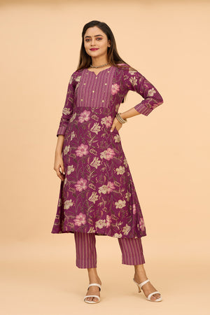 Contemporary Floral Printed Kurta Pant - Purple