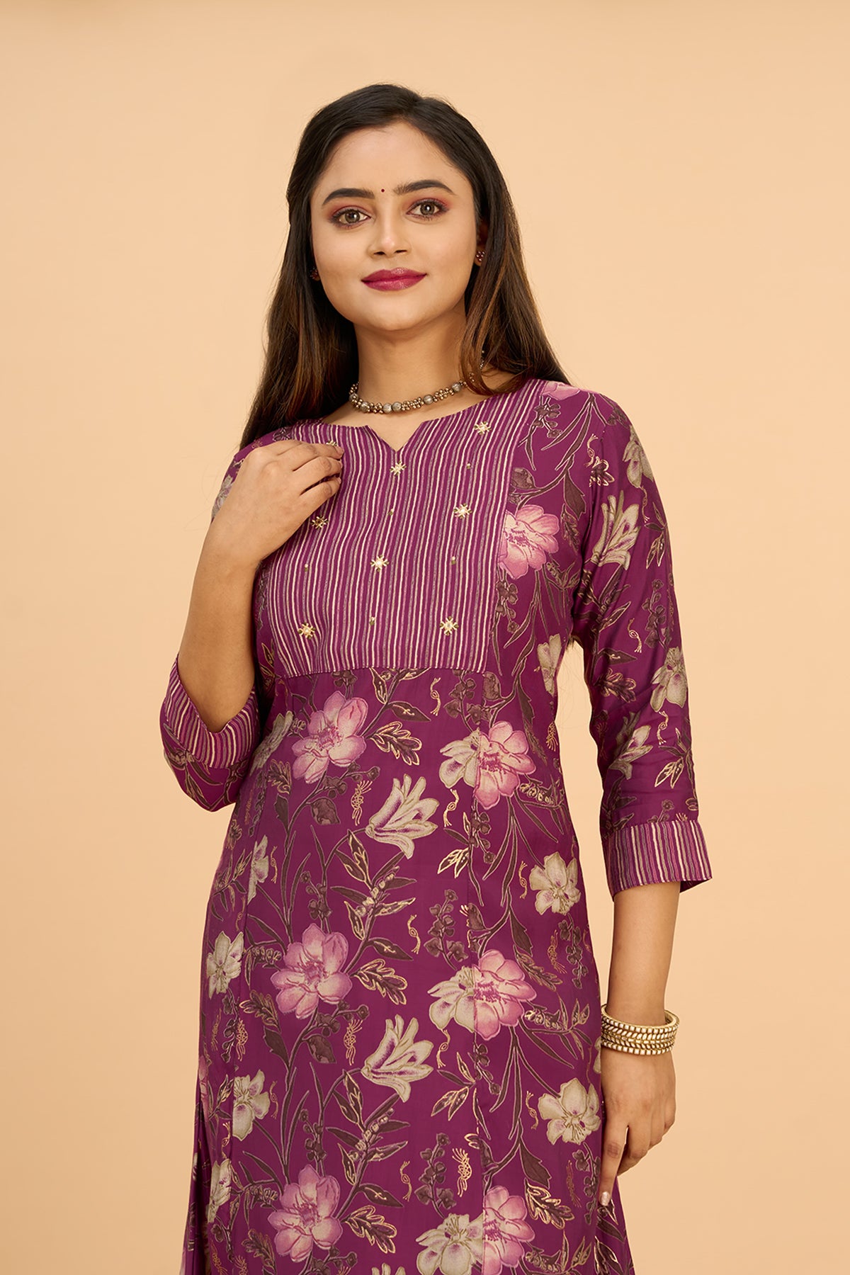 Contemporary Floral Printed Kurta Pant - Purple