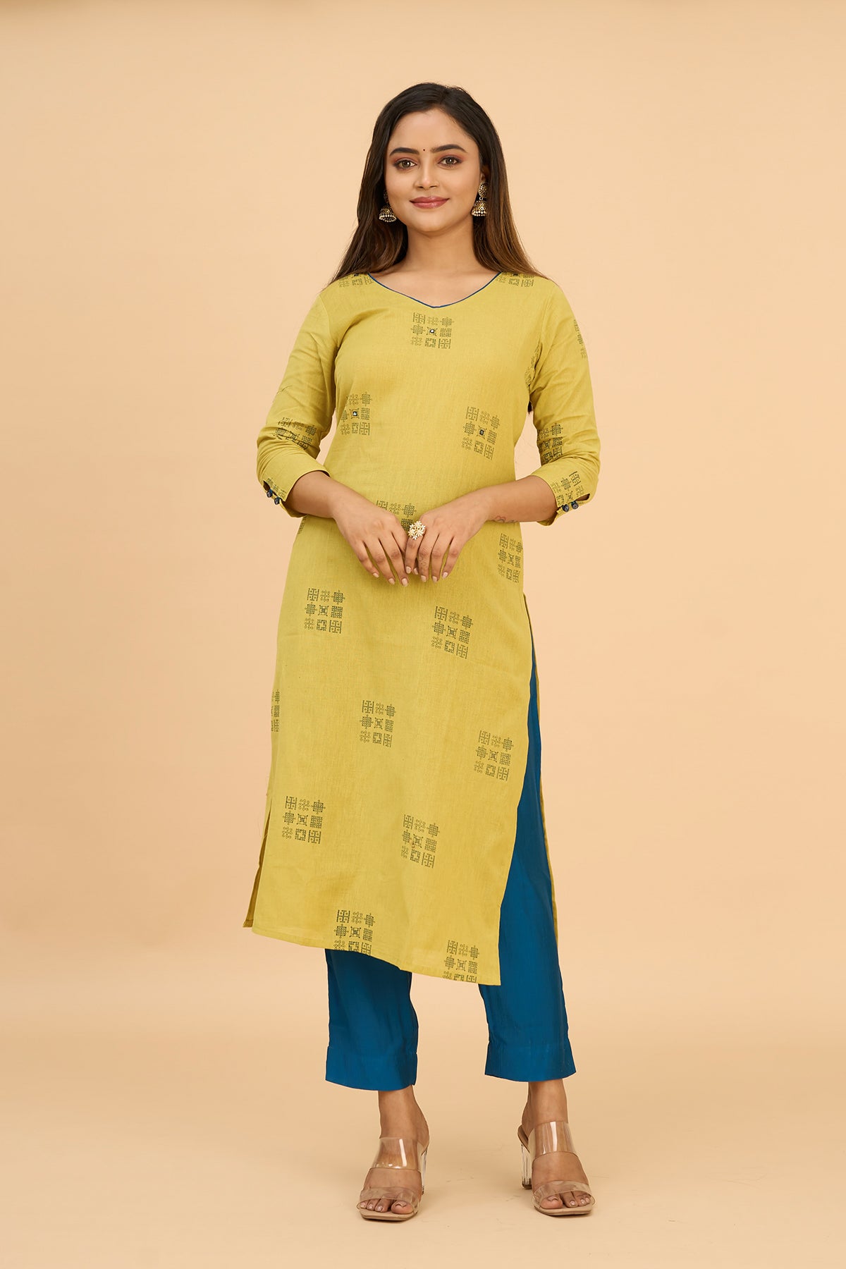 Kolam Printed Kurta Pant with Foil Mirror Embellishment - Lime & Blue