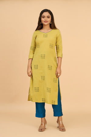 Kolam Printed Kurta Pant with Foil Mirror Embellishment - Lime & Blue