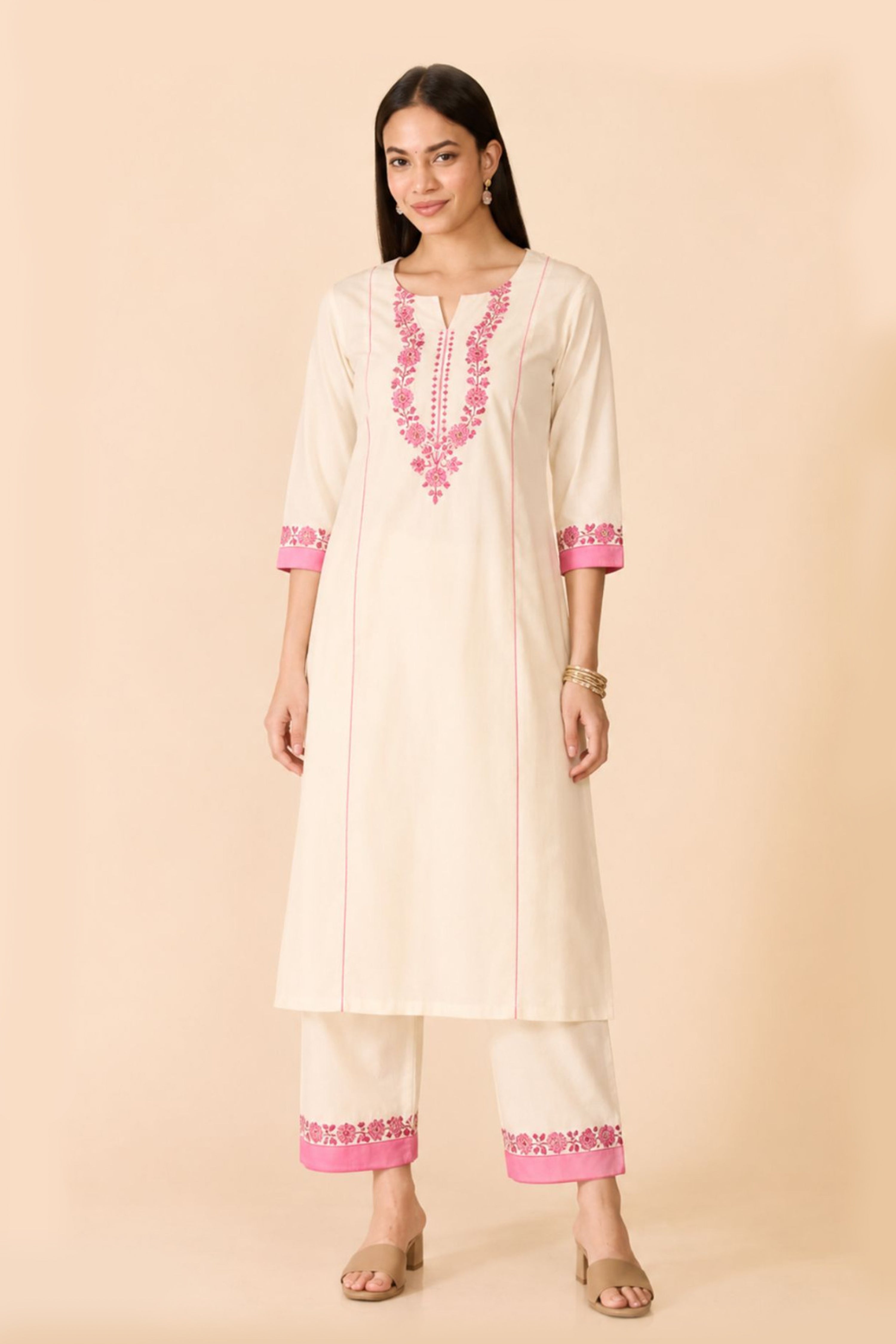 Off White Floral Embroidered Chandheri Kurta Pant Set
