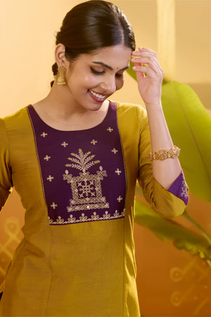 Kolam Embroidered Mustard & Purple Kurta Pant