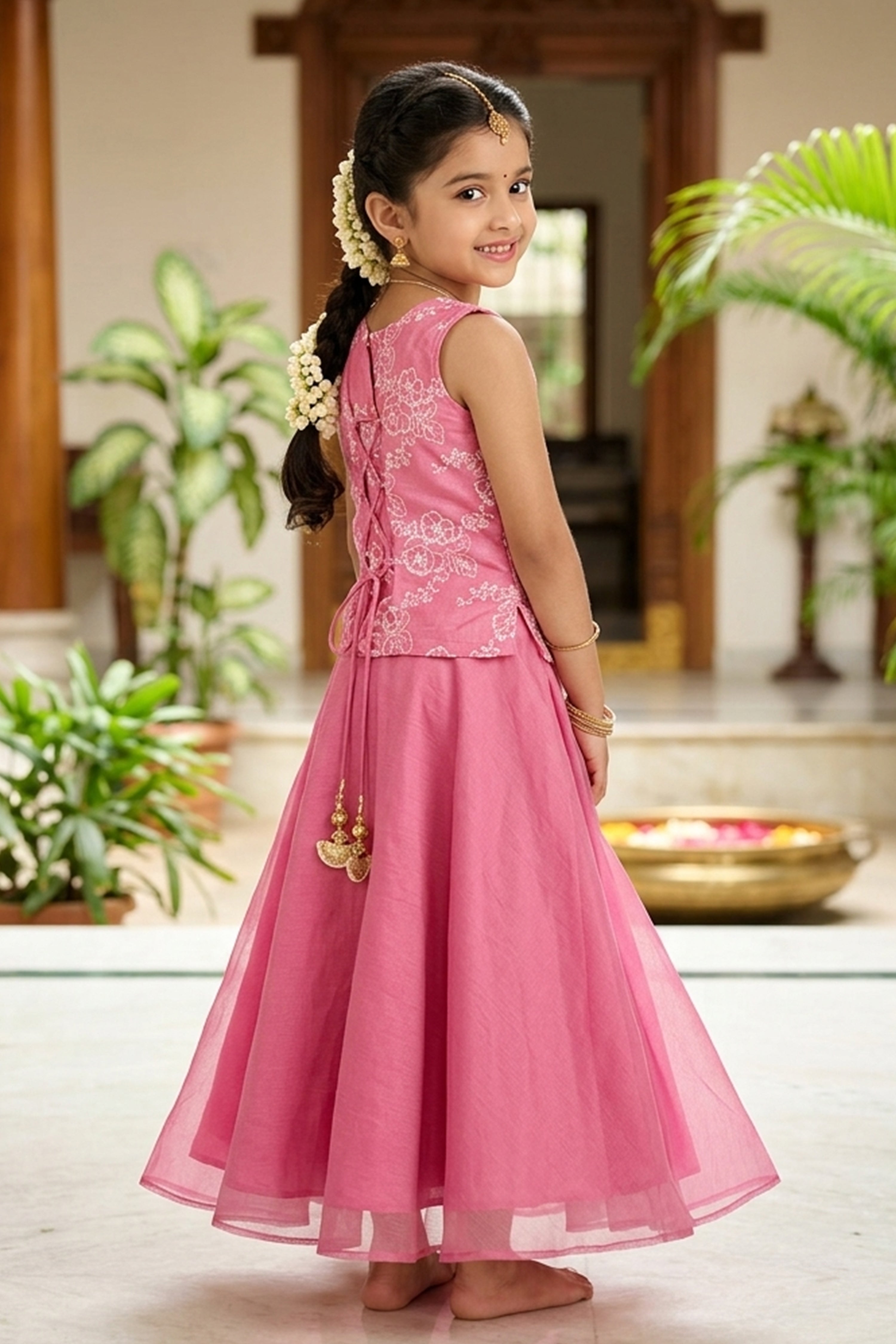 PINK FLORAL TISSUE KIDS SKIRT SET