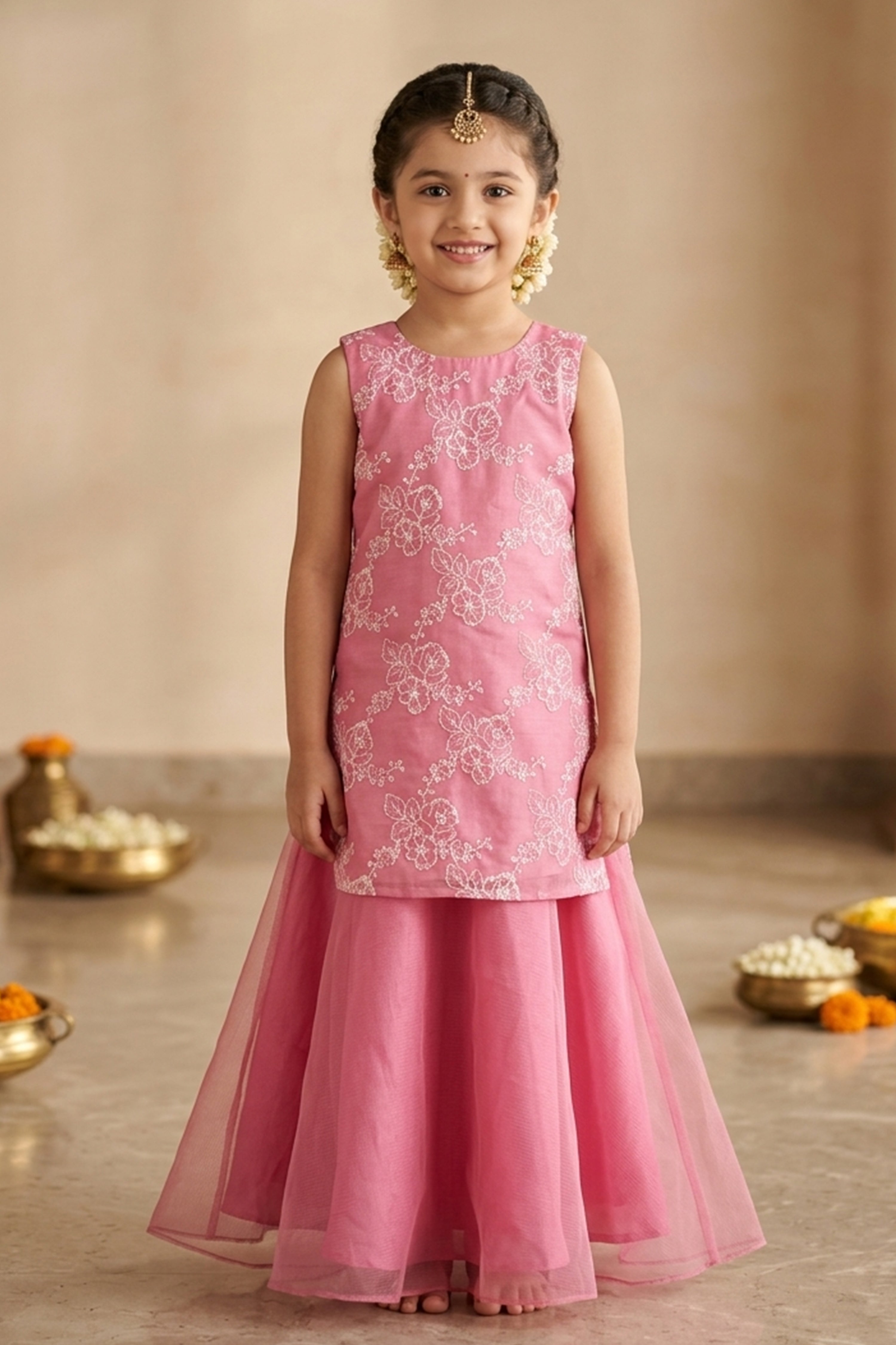 PINK FLORAL TISSUE KIDS SKIRT SET