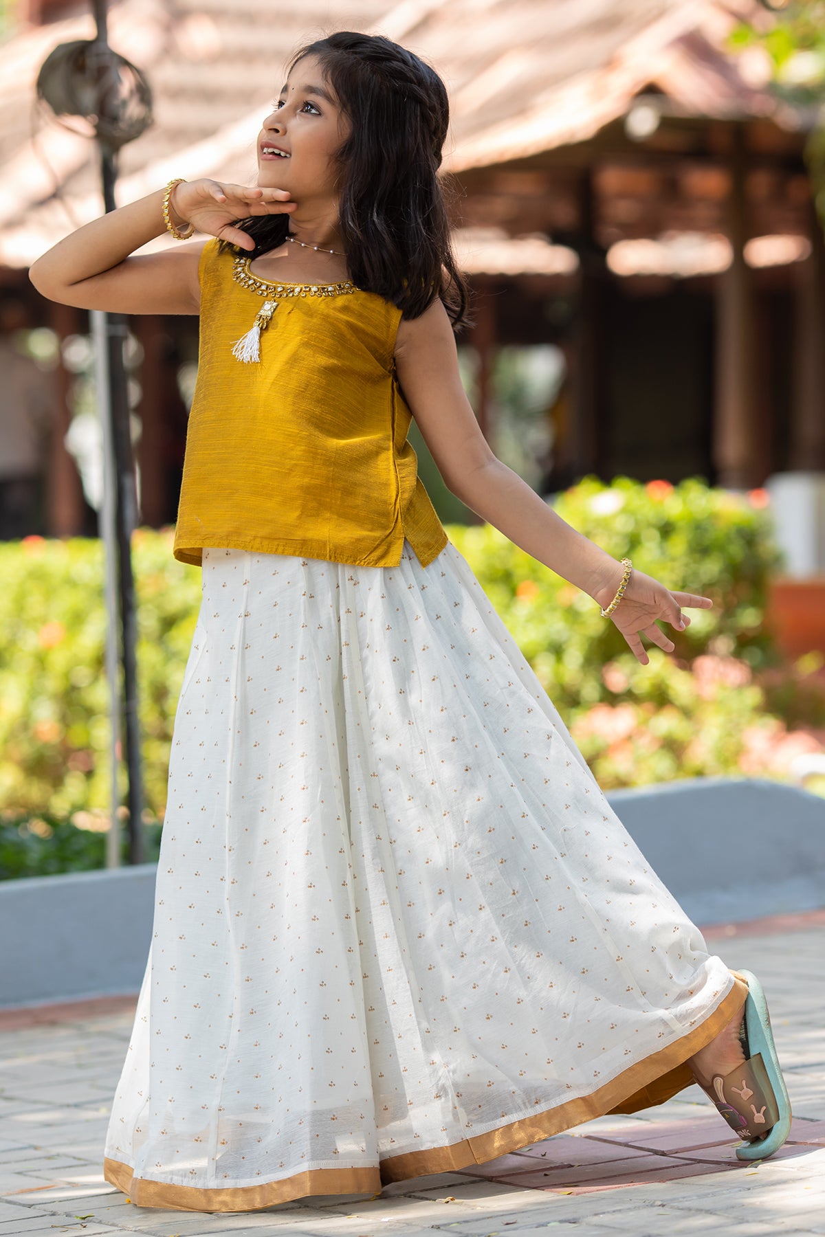 Floral Cutwork Embroidered Sleeveless Top Digital Printed Skirt Set Yellow White