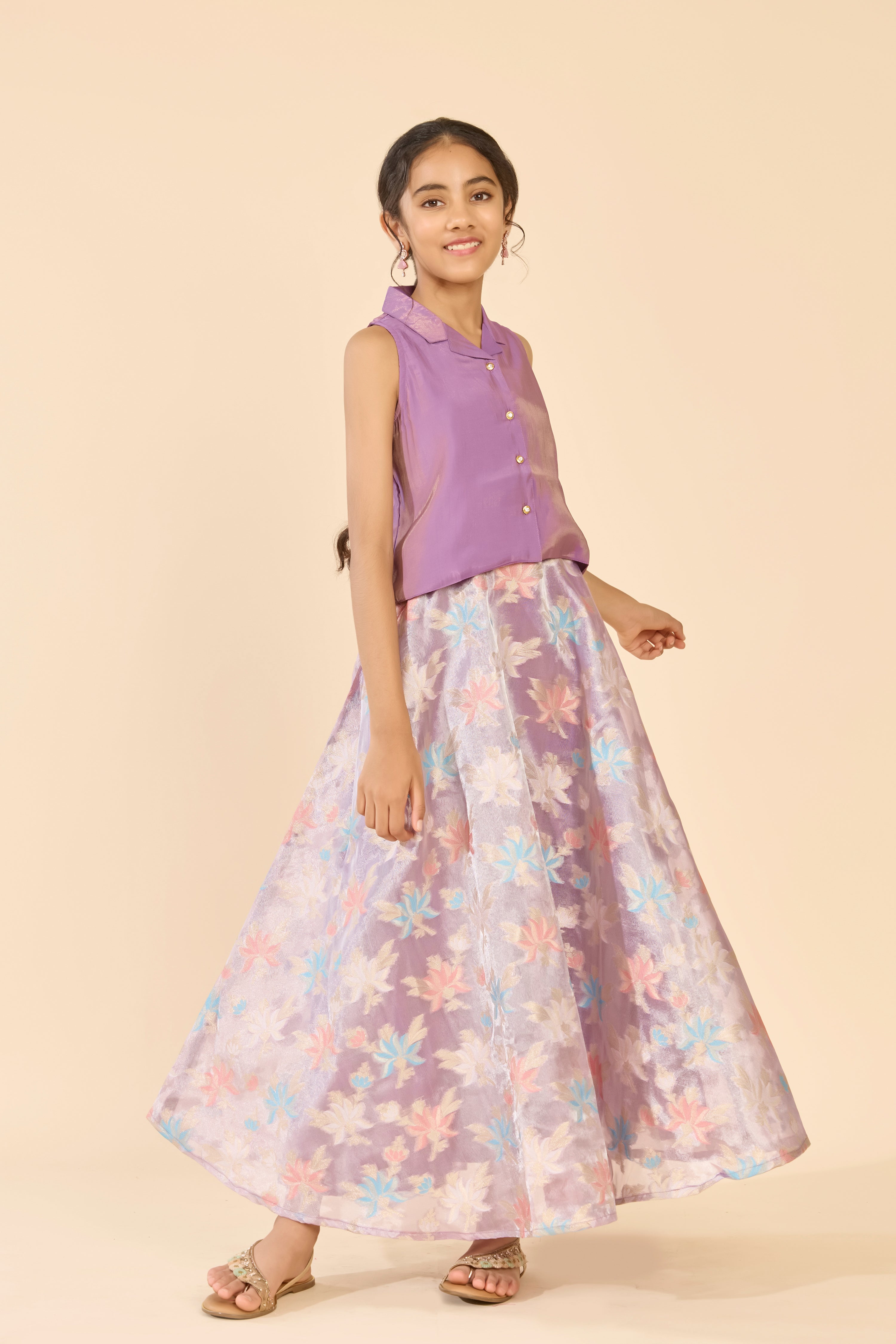 Lavender Solid Top & Tropical Printed Skirt Set