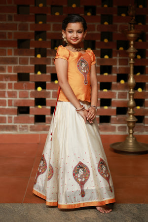 Valkannadi Printed Kids Skirtset with Embroidered Top with Tie up Orange Off White
