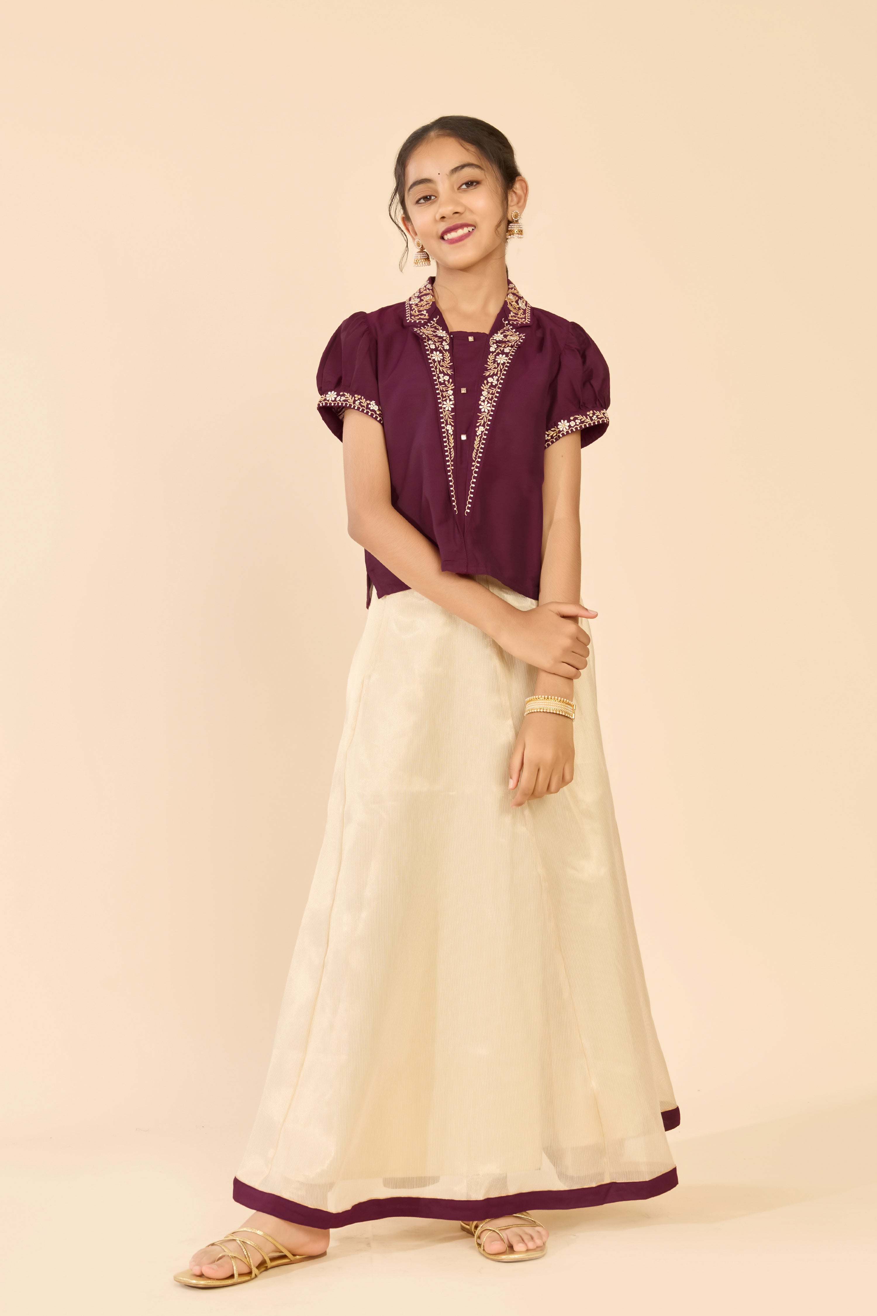 Purple & Beige Striped Skirt Set