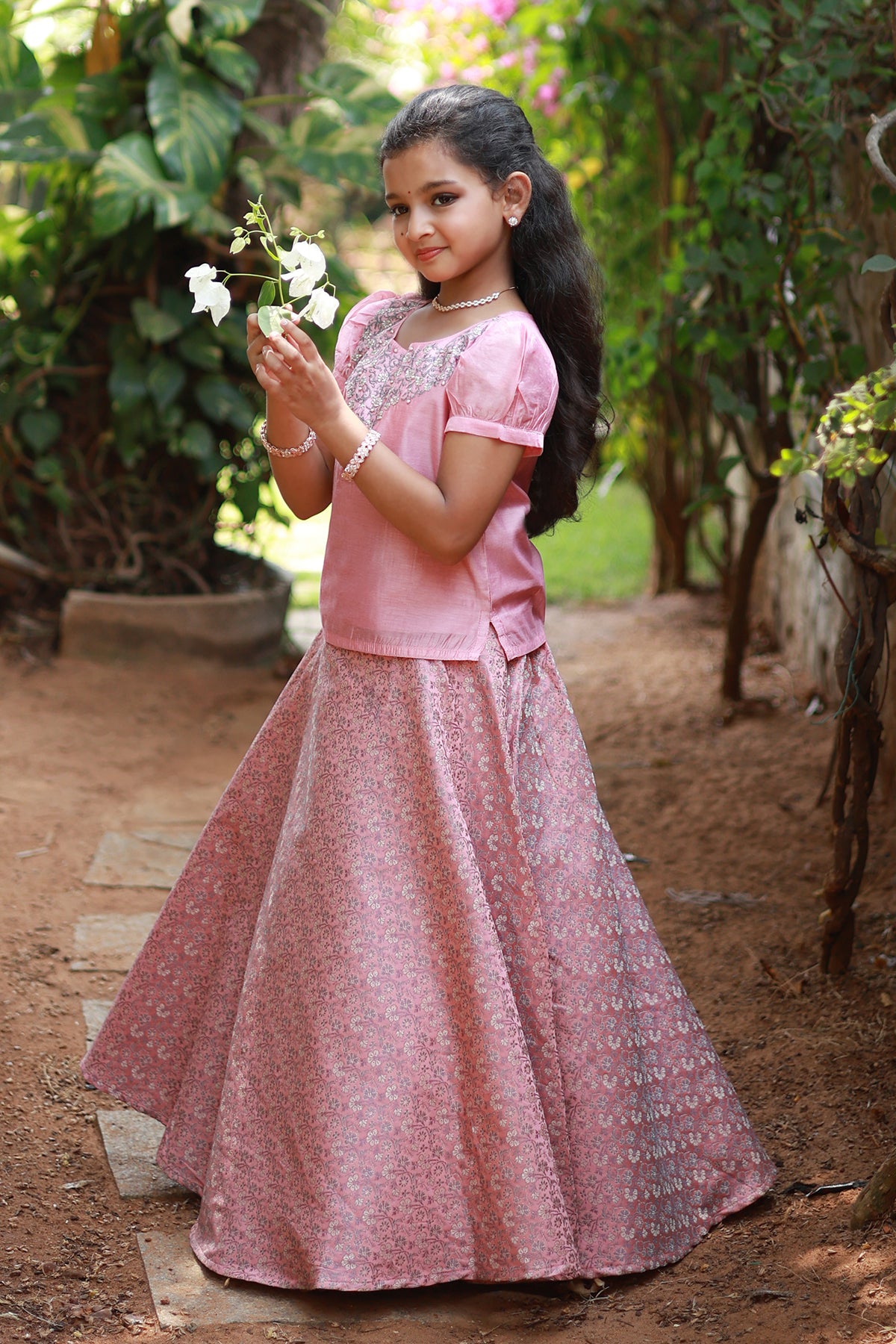 Floral Embroidered Top with Brocade Kids Skirtset - Pink & Grey