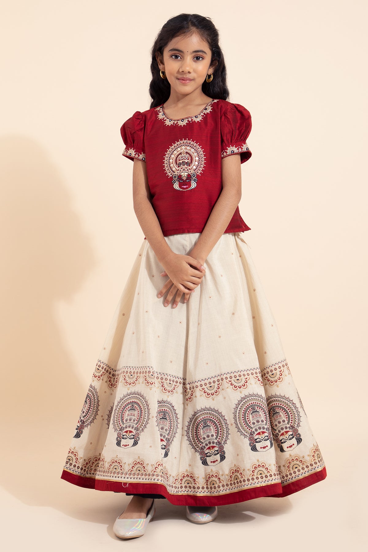 Kathakali printed kids skirt set red & off white price