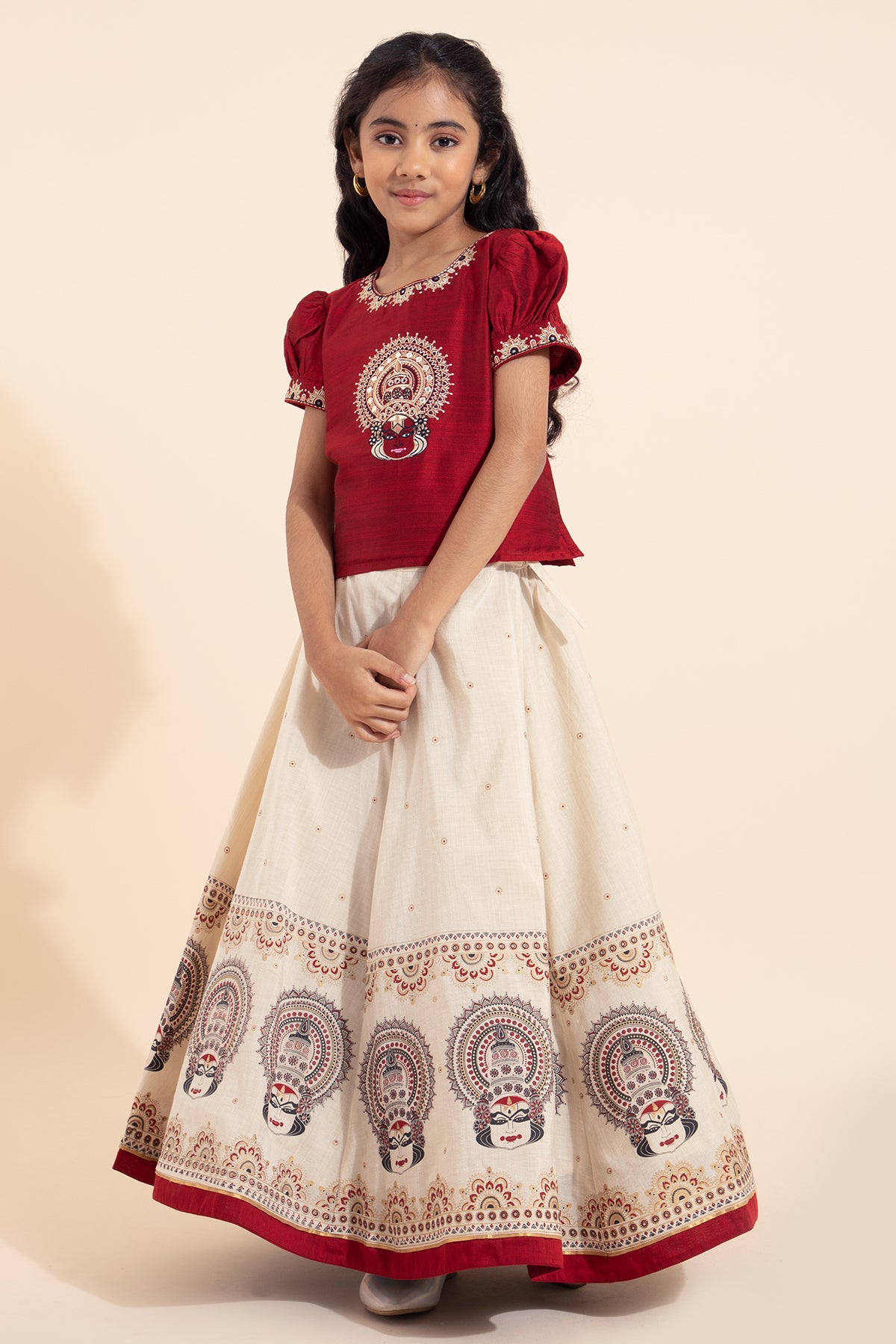 Kathakali Printed Kids Skirtset - Red & Off-White