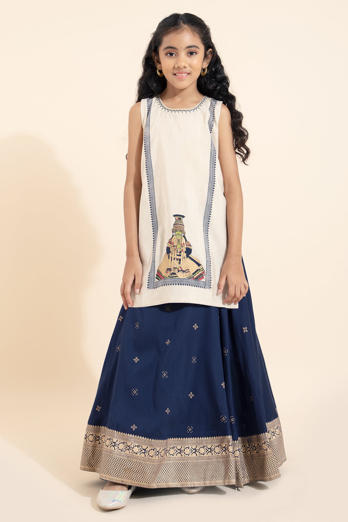 Kathakali Printed Kids Skirt set- Off-White & Blue
