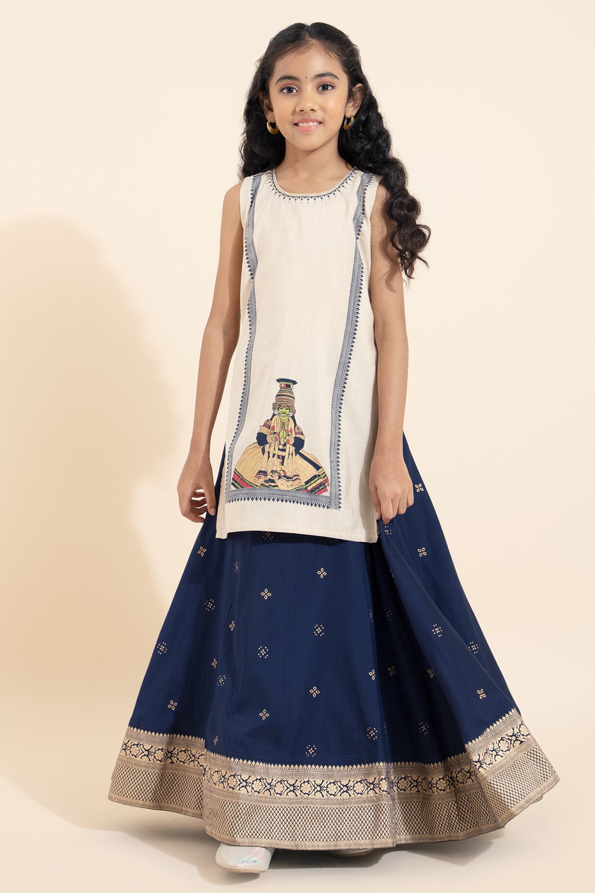 Kathakali Printed Kids Skirt set- Off-White & Blue