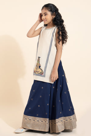 Kathakali Printed Kids Skirt set- Off-White & Blue
