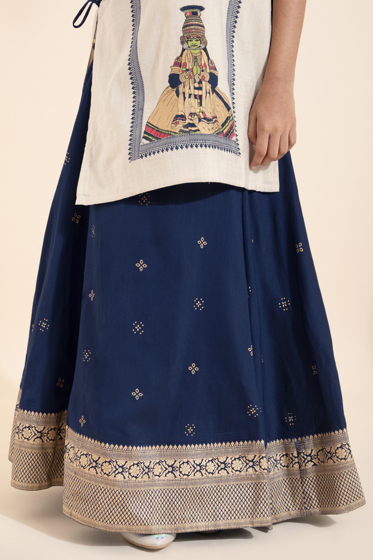 Kathakali Printed Kids Skirt set- Off-White & Blue
