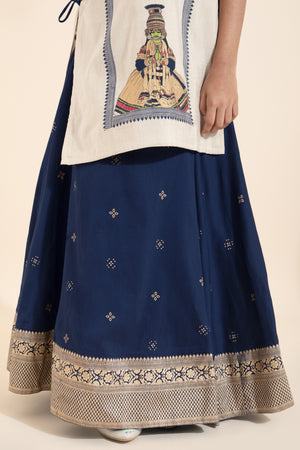 Kathakali Printed Kids Skirt set- Off-White & Blue
