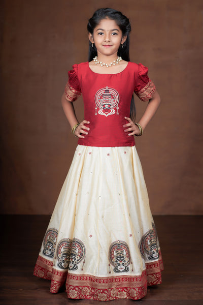 Kathakali Embroidered Placement & Printed With Contrast Border Skirt Set - Red & Off-White