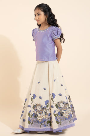 Krishna Mural Printed Skirtset - Lavendar & Off-White