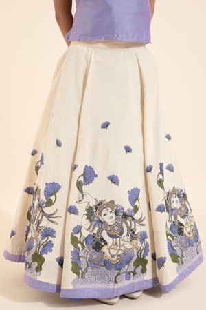 Krishna Mural Printed Skirtset - Lavendar & Off-White