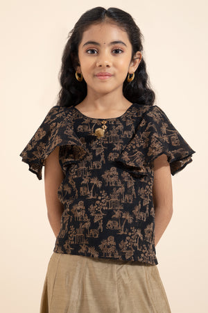 Vanasingaram Printed Kids Skirtset - Black & Beige