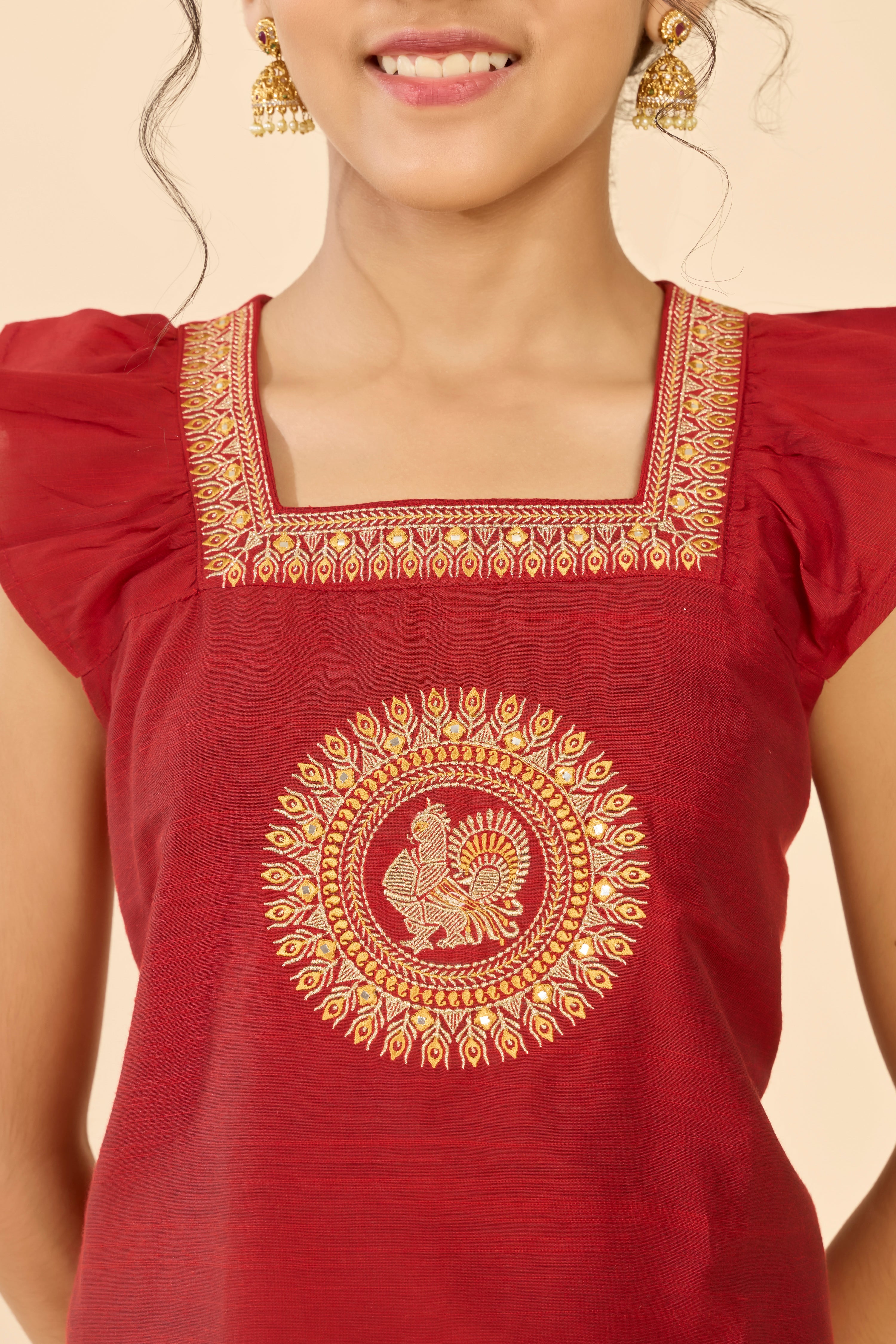 Red Peacock Embroidered Red Skirt Set